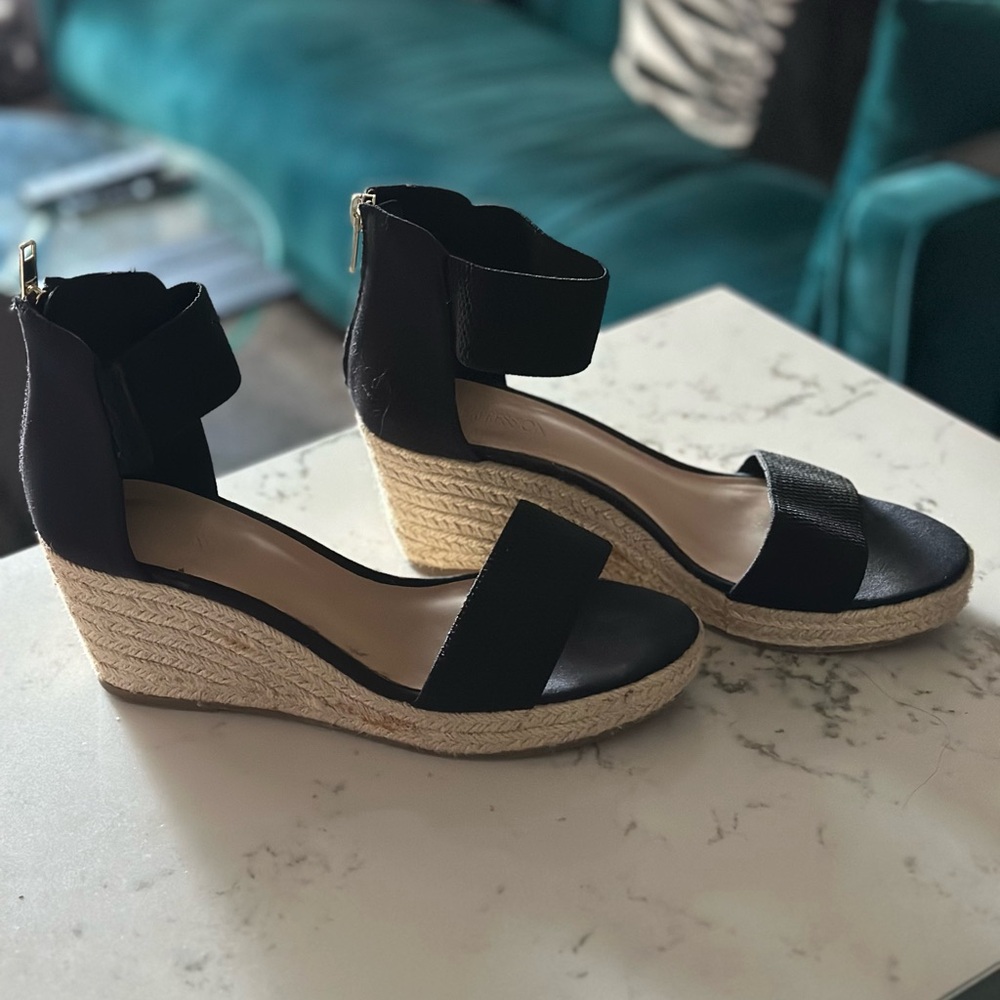 Expressions Black Wedge Sandals with Ankle Strap
